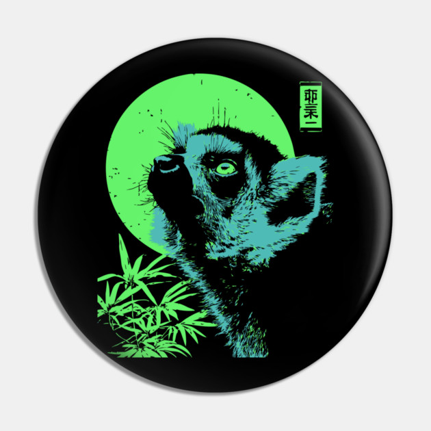 Curious Lemur Japanese Art | Teal & Green Jungle Ukiyo-e Style Pin by TuncGK