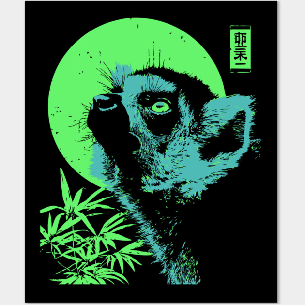 Curious Lemur Japanese Art | Teal & Green Jungle Ukiyo-e Style Wall Art by TuncGK