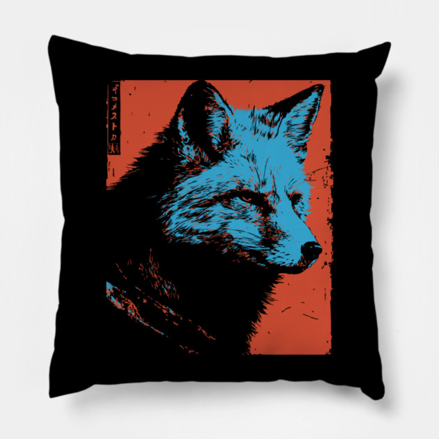 Sly Fox Japanese Art | Blue & Red Ukiyo-e Style Pillow by TuncGK