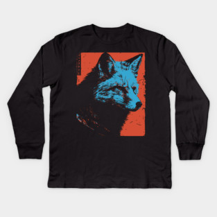 Sly Fox Japanese Art | Blue & Red Ukiyo-e Style Kids Long Sleeve T-Shirt