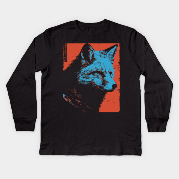 Sly Fox Japanese Art | Blue & Red Ukiyo-e Style Kids Long Sleeve T-Shirt by TuncGK