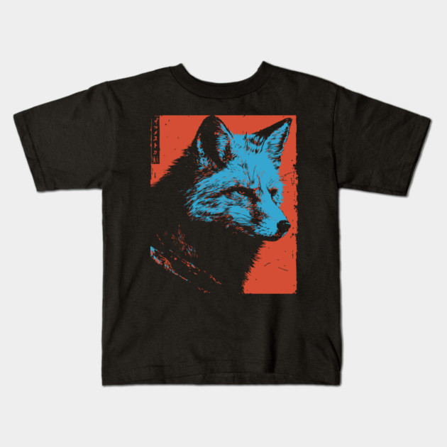 Sly Fox Japanese Art | Blue & Red Ukiyo-e Style Kids T-Shirt by TuncGK