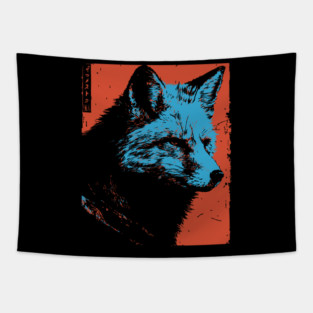 Sly Fox Japanese Art | Blue & Red Ukiyo-e Style Tapestry
