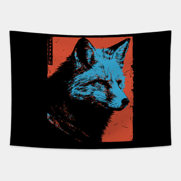 Sly Fox Japanese Art | Blue & Red Ukiyo-e Style Tapestry by TuncGK