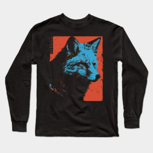 Sly Fox Japanese Art | Blue & Red Ukiyo-e Style Long Sleeve T-Shirt