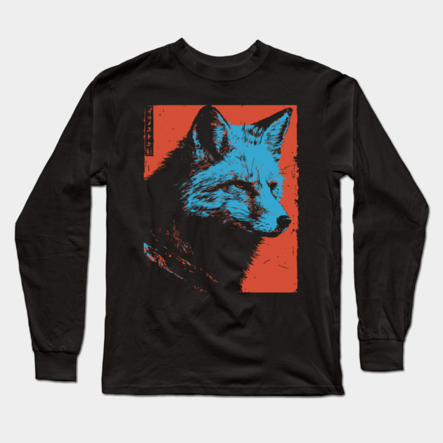 Sly Fox Japanese Art | Blue & Red Ukiyo-e Style Long Sleeve T-Shirt by TuncGK