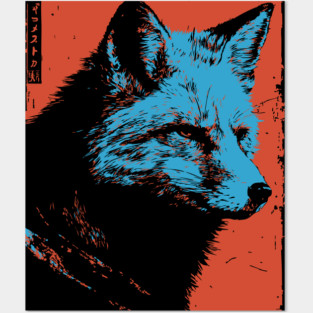 Sly Fox Japanese Art | Blue & Red Ukiyo-e Style Posters and Art