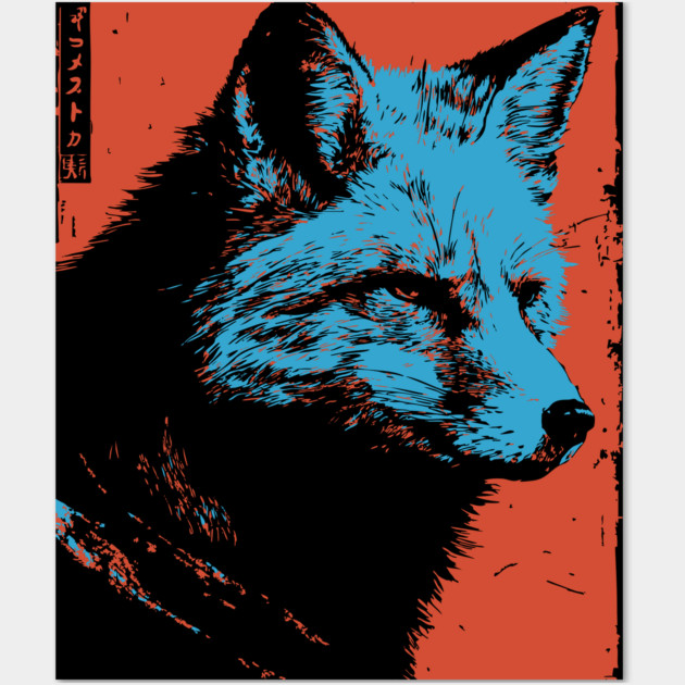 Sly Fox Japanese Art | Blue & Red Ukiyo-e Style Wall Art by TuncGK