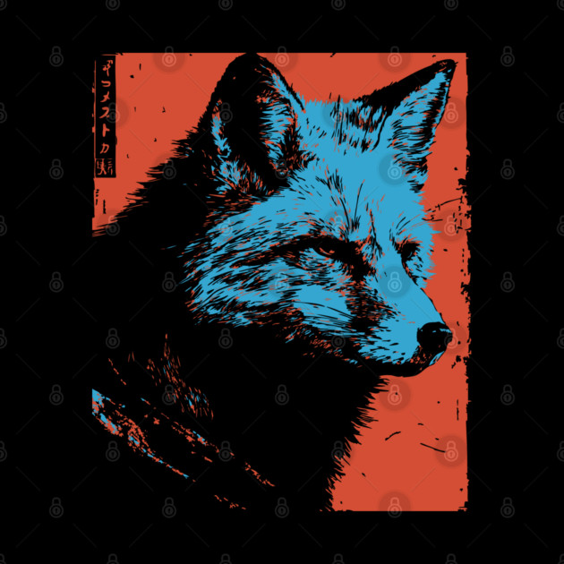 Sly Fox Japanese Art | Blue & Red Ukiyo-e Style by TuncGK