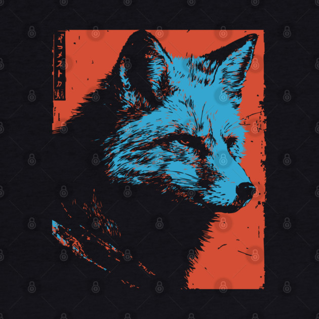 Sly Fox Japanese Art | Blue & Red Ukiyo-e Style by TuncGK