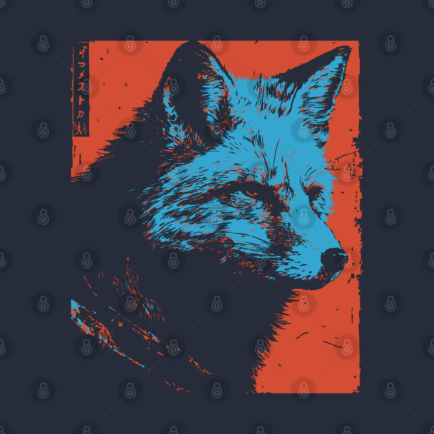 Sly Fox Japanese Art | Blue & Red Ukiyo-e Style by TuncGK
