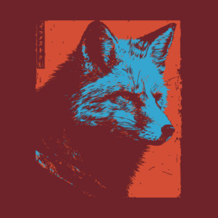 Sly Fox Japanese Art | Blue & Red Ukiyo-e Style T-Shirt