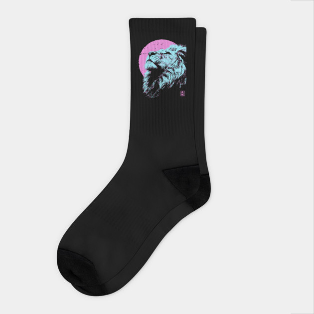 Regal Lion Head Japanese Art | Blue & Pink Ukiyo-e Style Socks by TuncGK