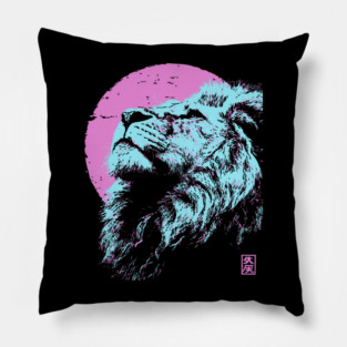 Regal Lion Head Japanese Art | Blue & Pink Ukiyo-e Style Pillow