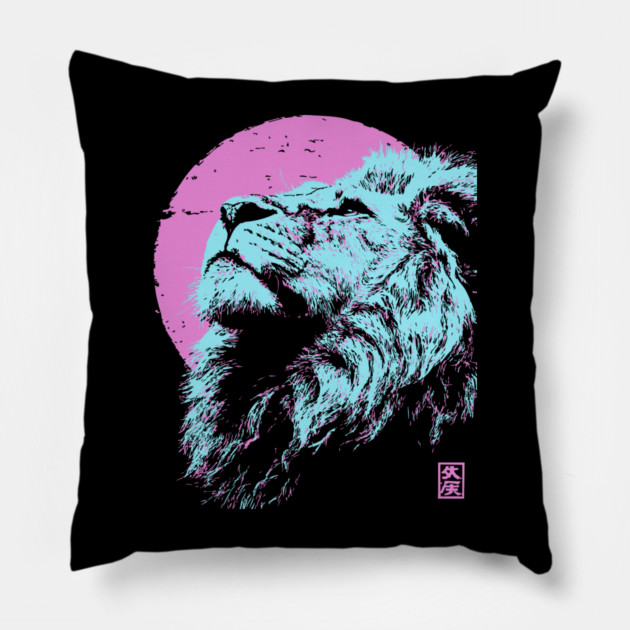 Regal Lion Head Japanese Art | Blue & Pink Ukiyo-e Style Pillow by TuncGK