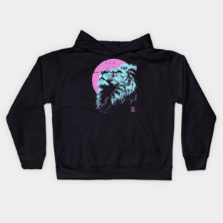Regal Lion Head Japanese Art | Blue & Pink Ukiyo-e Style Kids Hoodie