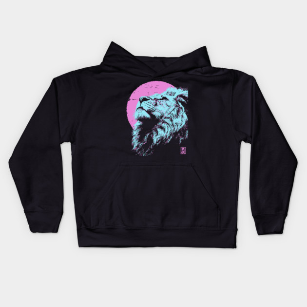 Regal Lion Head Japanese Art | Blue & Pink Ukiyo-e Style Kids Hoodie by TuncGK