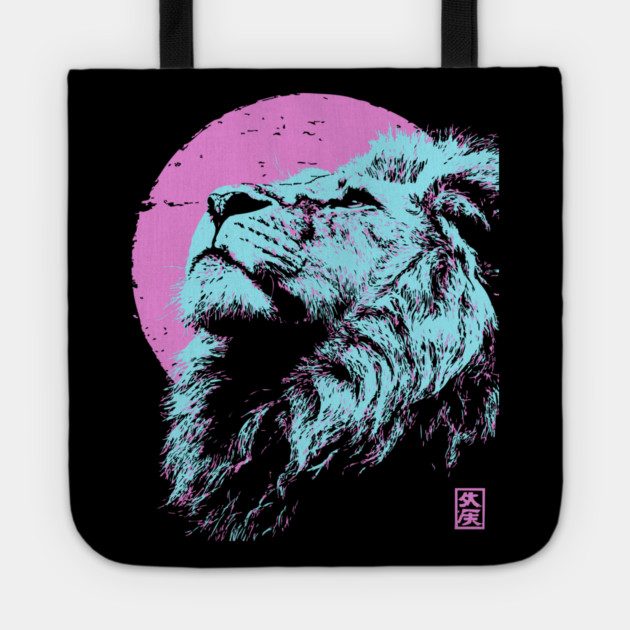 Regal Lion Head Japanese Art | Blue & Pink Ukiyo-e Style Tote by TuncGK