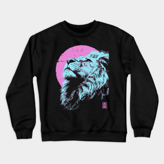 Regal Lion Head Japanese Art | Blue & Pink Ukiyo-e Style Crewneck Sweatshirt by TuncGK