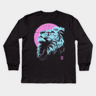 Regal Lion Head Japanese Art | Blue & Pink Ukiyo-e Style Kids Long Sleeve T-Shirt