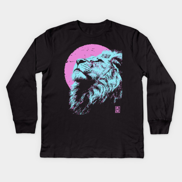 Regal Lion Head Japanese Art | Blue & Pink Ukiyo-e Style Kids Long Sleeve T-Shirt by TuncGK