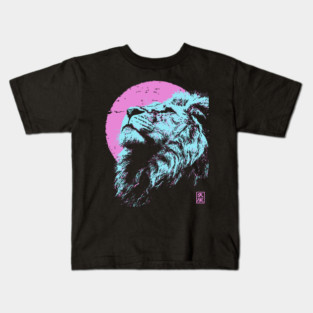 Regal Lion Head Japanese Art | Blue & Pink Ukiyo-e Style Kids T-Shirt