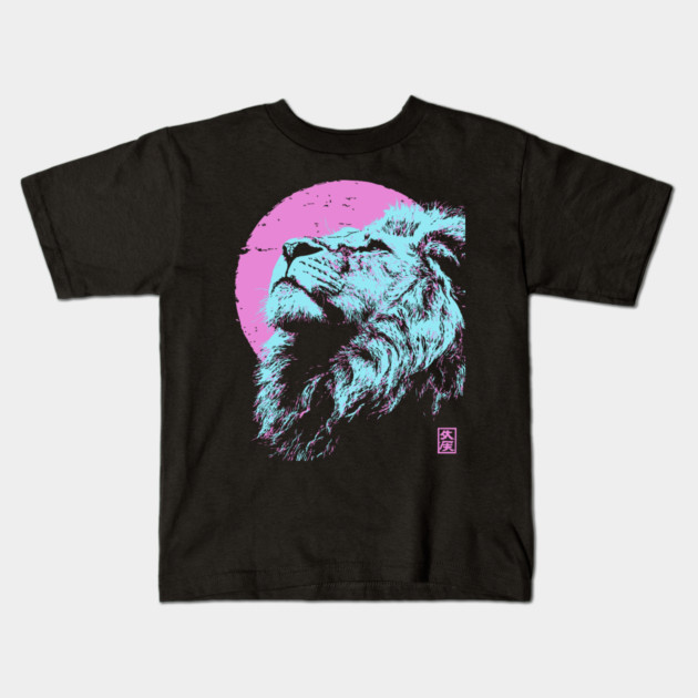 Regal Lion Head Japanese Art | Blue & Pink Ukiyo-e Style Kids T-Shirt by TuncGK