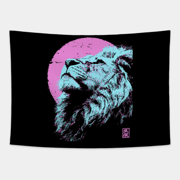 Regal Lion Head Japanese Art | Blue & Pink Ukiyo-e Style Tapestry by TuncGK