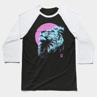 Regal Lion Head Japanese Art | Blue & Pink Ukiyo-e Style Baseball T-Shirt