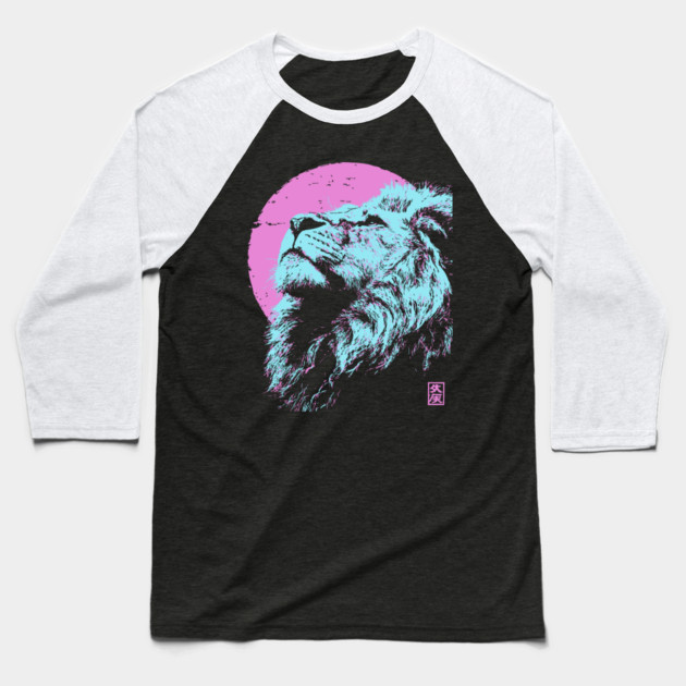 Regal Lion Head Japanese Art | Blue & Pink Ukiyo-e Style Baseball T-Shirt by TuncGK