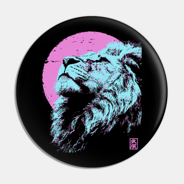 Regal Lion Head Japanese Art | Blue & Pink Ukiyo-e Style Pin by TuncGK