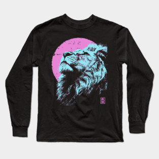 Regal Lion Head Japanese Art | Blue & Pink Ukiyo-e Style Long Sleeve T-Shirt