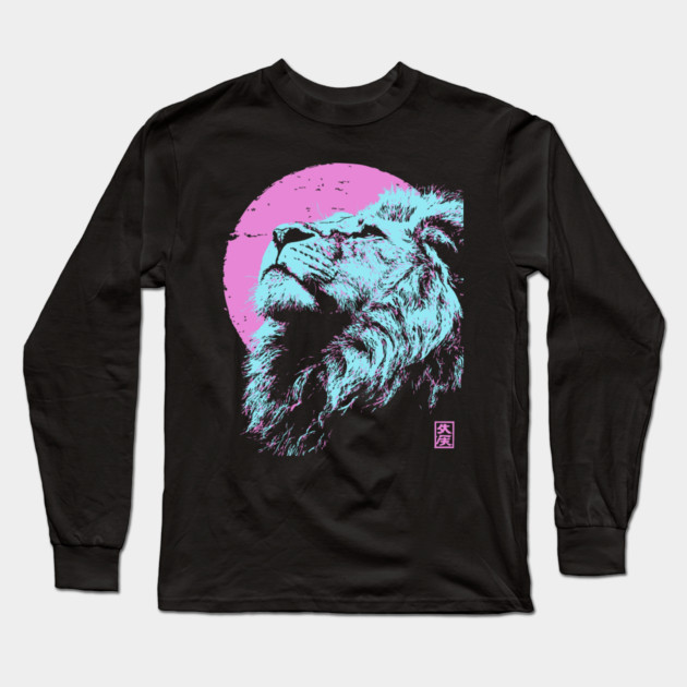 Regal Lion Head Japanese Art | Blue & Pink Ukiyo-e Style Long Sleeve T-Shirt by TuncGK