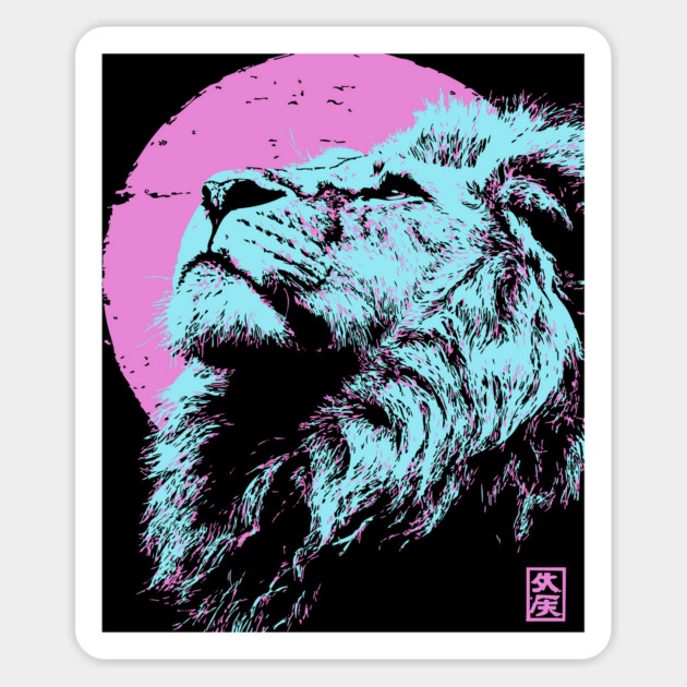 Regal Lion Head Japanese Art | Blue & Pink Ukiyo-e Style Magnet by TuncGK