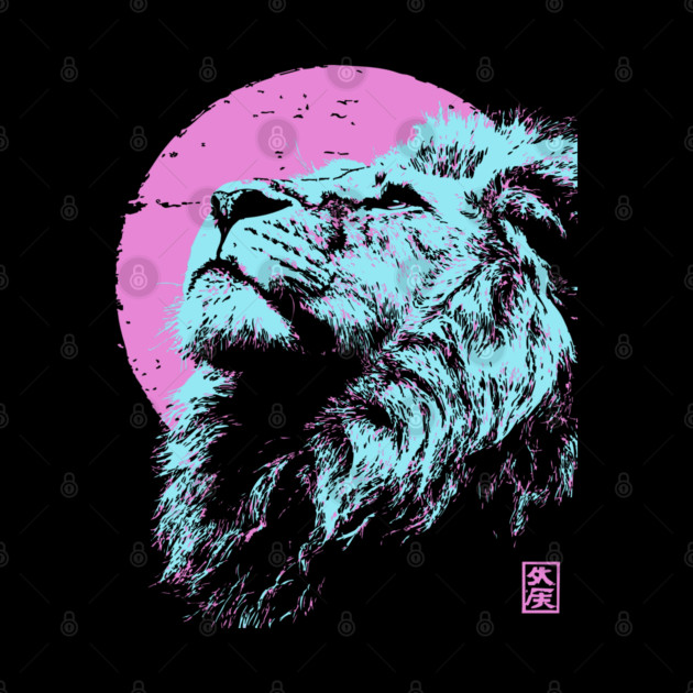 Regal Lion Head Japanese Art | Blue & Pink Ukiyo-e Style by TuncGK