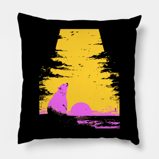 Arctic Sunset Landscape Japanese Art | Retro Polar Bear Silhouette Ukiyo-e Style Pillow by TuncGK