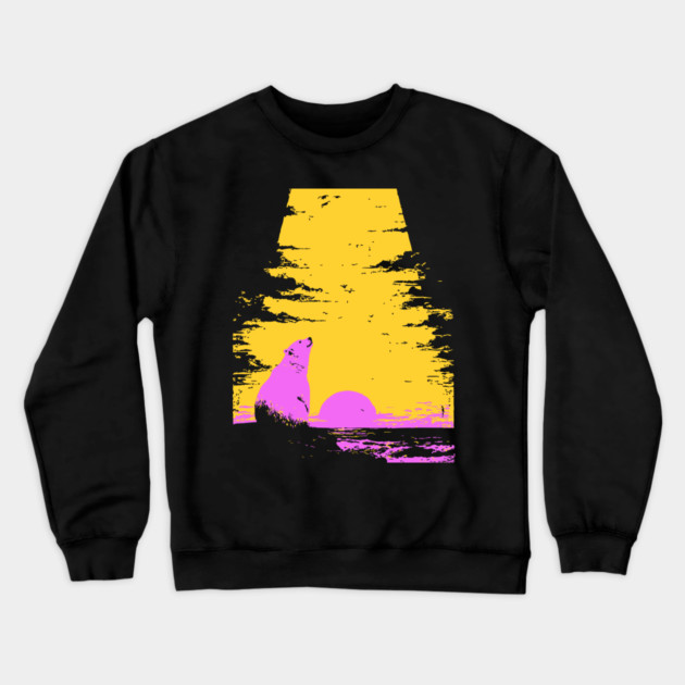 Arctic Sunset Landscape Japanese Art | Retro Polar Bear Silhouette Ukiyo-e Style Crewneck Sweatshirt by TuncGK