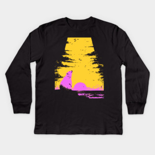 Arctic Sunset Landscape Japanese Art | Retro Polar Bear Silhouette Ukiyo-e Style Kids Long Sleeve T-Shirt