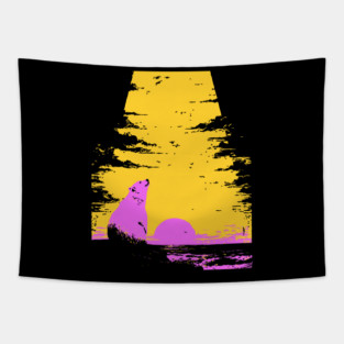 Arctic Sunset Landscape Japanese Art | Retro Polar Bear Silhouette Ukiyo-e Style Tapestry