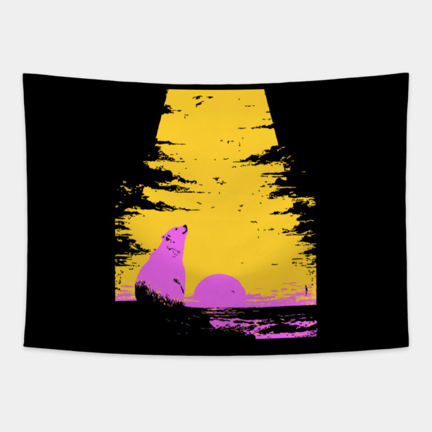 Arctic Sunset Landscape Japanese Art | Retro Polar Bear Silhouette Ukiyo-e Style Tapestry by TuncGK