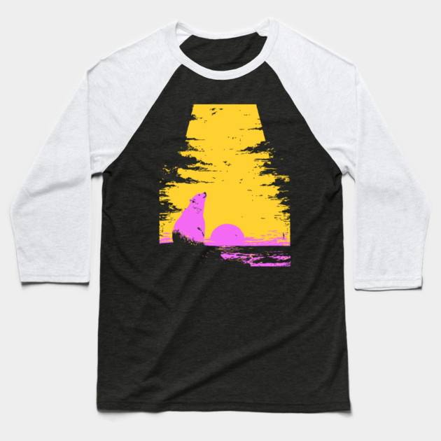 Arctic Sunset Landscape Japanese Art | Retro Polar Bear Silhouette Ukiyo-e Style Baseball T-Shirt by TuncGK