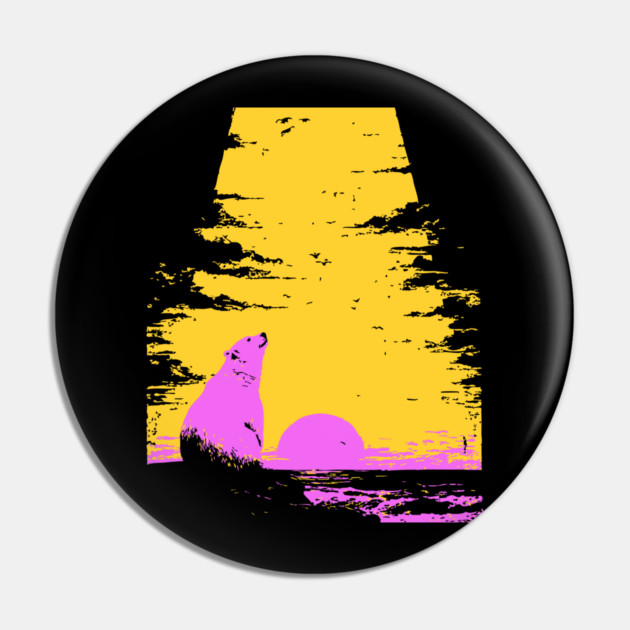 Arctic Sunset Landscape Japanese Art | Retro Polar Bear Silhouette Ukiyo-e Style Pin by TuncGK