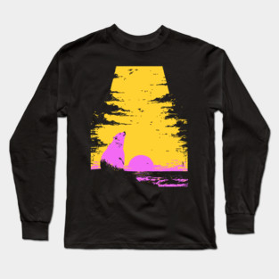 Arctic Sunset Landscape Japanese Art | Retro Polar Bear Silhouette Ukiyo-e Style Long Sleeve T-Shirt