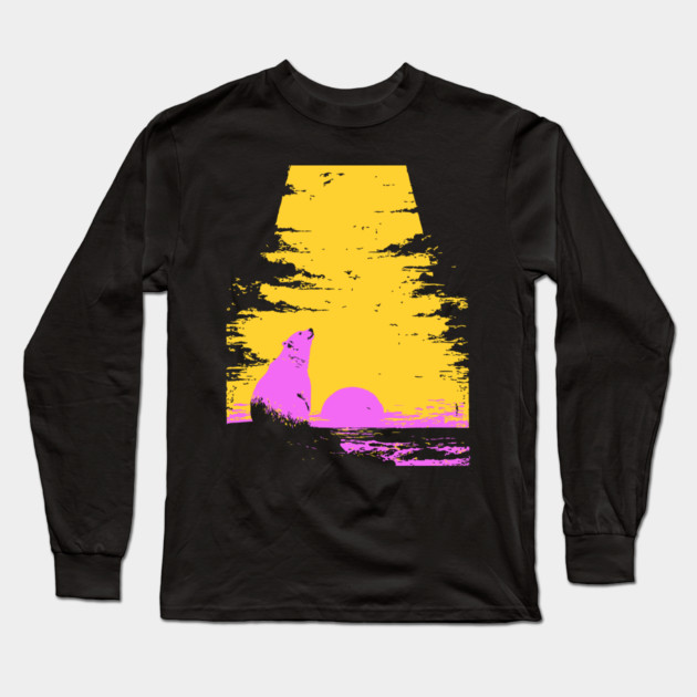 Arctic Sunset Landscape Japanese Art | Retro Polar Bear Silhouette Ukiyo-e Style Long Sleeve T-Shirt by TuncGK