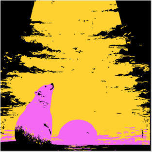 Arctic Sunset Landscape Japanese Art | Retro Polar Bear Silhouette Ukiyo-e Style Posters and Art