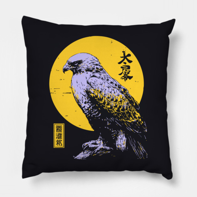 Flying Falcon Japanese Art | Pink & Yellow Ukiyo-e Style Pillow by TuncGK