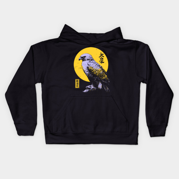 Flying Falcon Japanese Art | Pink & Yellow Ukiyo-e Style Kids Hoodie by TuncGK