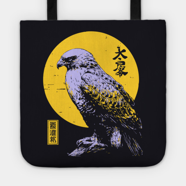 Flying Falcon Japanese Art | Pink & Yellow Ukiyo-e Style Tote by TuncGK
