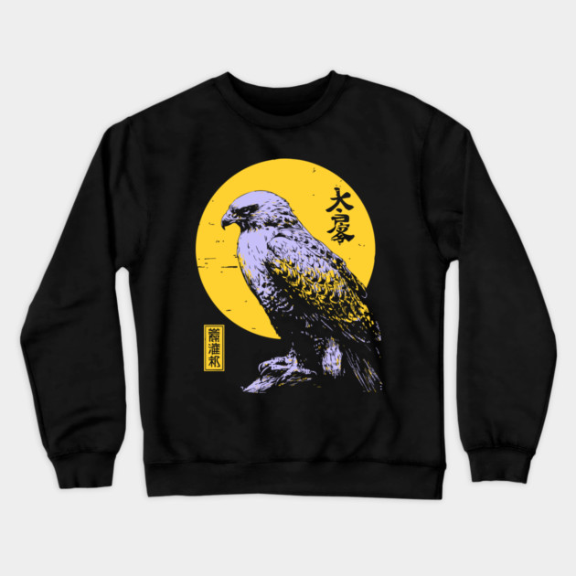 Flying Falcon Japanese Art | Pink & Yellow Ukiyo-e Style Crewneck Sweatshirt by TuncGK