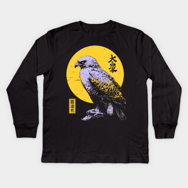 Flying Falcon Japanese Art | Pink & Yellow Ukiyo-e Style Kids Long Sleeve T-Shirt by TuncGK
